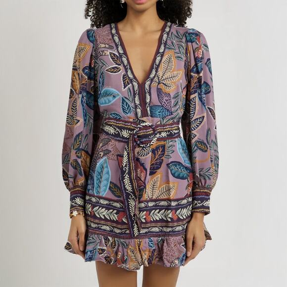 FARM Rio Dresses & Skirts - Farm Rio Wild Night Botanical Print Long Sleeve Mini Dress Size XS